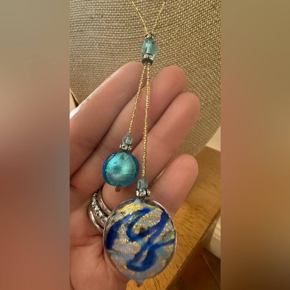 $25 Murano Glass Made in Italy Gold and Blue Pendant Y Necklace NWT - Picture 3 of 8